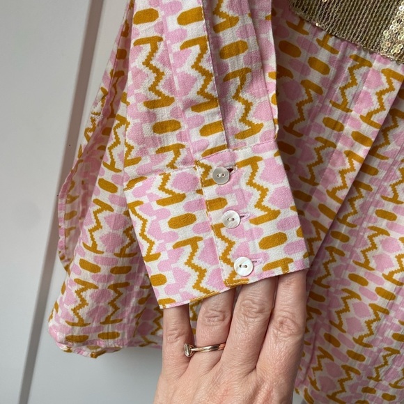 Figure Lamu Shirt in Kenyan Mosaic Pink Gold Sequin Button Down Top - Picture 7 of 11